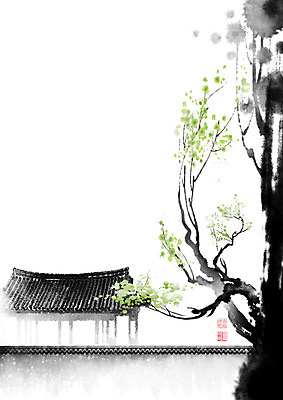 PSD 나무 한국전통 전통 꽃 고건축 잎 일러스트 캘리그라피 붓터치 한옥 기와 사람없음 담장 나뭇가지 번짐 국내일러스트 식물 건축물 한국 파일형식 효과