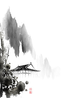 PSD 나무 한국전통 전통 꽃 고건축 잎 일러스트 캘리그라피 붓터치 산 한옥 기와 사람없음 나뭇가지 숲 번짐 국내일러스트 식물 건축물 한국 파일형식 효과