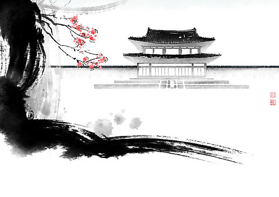 PSD 나무 한국전통 전통 꽃 고건축 잎 일러스트 캘리그라피 붓터치 한옥 기와 사람없음 담장 계단 나뭇가지 번짐 국내일러스트 식물 건축물 한국 파일형식 효과