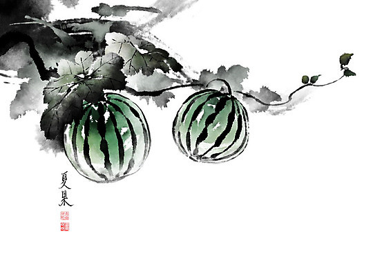 PSD 줄기 잎 과일 일러스트 캘리그라피 붓터치 여름음식 수박 사람없음 여름 덩굴 번짐 제철과일 국내일러스트 식물 계절 음식 제철 파일형식 효과 여름_계절