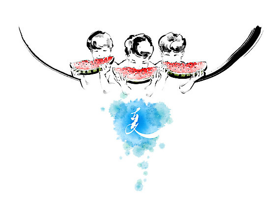 PSD 남자 어린이 과일 일러스트 캘리그라피 붓터치 여름음식 수박 들기 사람 소년 세명 여름 친구 한자 먹기 번짐 소년만 맛있는 제철과일 국내일러스트 문자 계절 음식 관계 모션 제철 남자만 어린이만 파일형식 효과 여름_계절