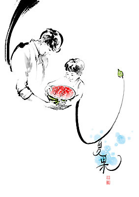 PSD 남자 아들 어린이 잎 과일 일러스트 캘리그라피 붓터치 여름음식 수박 들기 사람 소년 성인 두명 여름 한자 아빠 반쪽 번짐 부자지간 남자만 제철과일 국내일러스트 식물 문자 계절 음식 가족 모션 제철 파일형식 효과 여름_계절