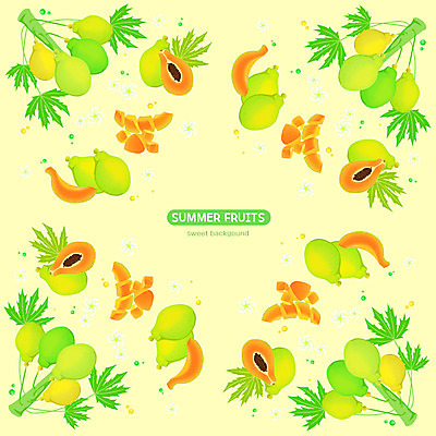 PSD 꽃 백그라운드 잎 패턴 과일 일러스트 사람없음 여름 노란색 파파야 국내일러스트 식물 계절 컬러 무늬 열대과일 파일형식