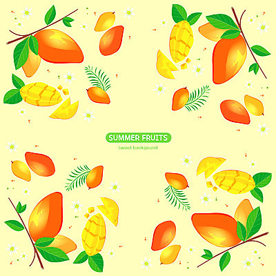 PSD 꽃 백그라운드 잎 패턴 과일 일러스트 사람없음 여름 노란색 망고 애플망고 국내일러스트 식물 계절 컬러 무늬 열대과일 파일형식