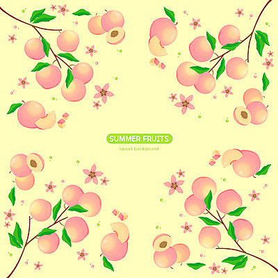 PSD 꽃 백그라운드 잎 패턴 과일 일러스트 사람없음 여름 노란색 복숭아 제철과일 국내일러스트 식물 계절 컬러 무늬 제철 파일형식