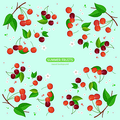 PSD 꽃 백그라운드 잎 패턴 과일 일러스트 사람없음 여름 파란색 체리 체리꽃 국내일러스트 식물 계절 컬러 무늬 파일형식