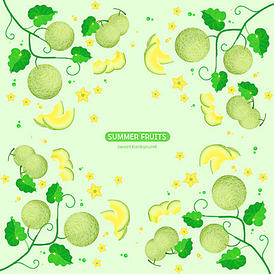 PSD 꽃 백그라운드 잎 패턴 과일 일러스트 사람없음 초록색 여름 멜론 멜론조각 국내일러스트 식물 계절 컬러 조각 무늬 파일형식