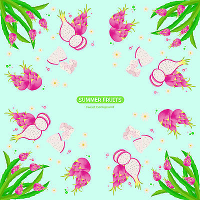 PSD 꽃 백그라운드 잎 패턴 과일 일러스트 사람없음 여름 파란색 용과 국내일러스트 식물 계절 컬러 무늬 파일형식