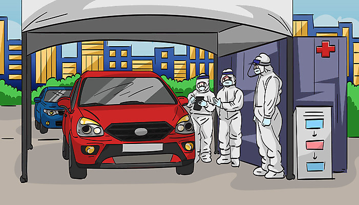 남자 일러스트 자동차 마스크 들기 사람 성인 세명 진료 의료진 보안경 방역 서류판 소독제 성인남자만 드라이브스루 방역복 방역사 선별진료소 국내일러스트 AI파일 직업 옷 육상교통 의학 모션 사무용품 안전장비 남자만 성인만 파일형식 벡터