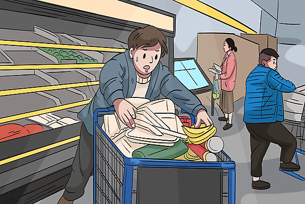 여자 남자 음식 일러스트 들기 사람 성인 세명 쇼핑카 사회이슈 장바구니 진열장 담기 마트 사재기 국내일러스트 AI파일 컨셉 모션 경제 쇼핑 바구니 상점 카트 파일형식 벡터