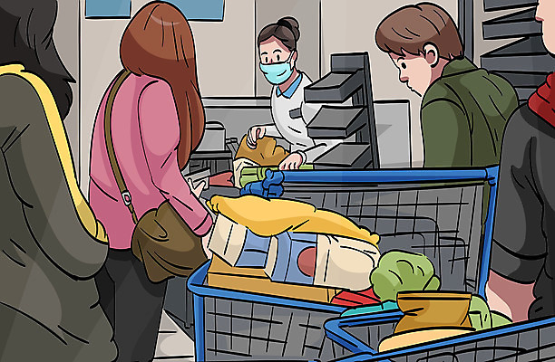 여자 남자 가방 일러스트 사람 여러명 성인 카트 쇼핑카 기다림 계산 계산대 사회이슈 직원 진열장 순서 생필품 사재기 국내일러스트 AI파일 잡화 다수 컨셉 모션 경제 쇼핑 오브젝트 파일형식 벡터