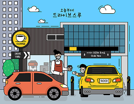 여자 남자 커피 일러스트 자동차 마스크 들기 사람 빌딩 성인 두명 건물 카페 바이러스 구매 종업원 사회이슈 손내밀기 주기 성인만 코로나바이러스 드라이브스루 사회적거리두기 델타변이바이러스 국내일러스트 AI파일 직업 건축물 음료 육상교통 캠페인 컨셉 모션 손짓 쇼핑 상점 파일형식 벡터
