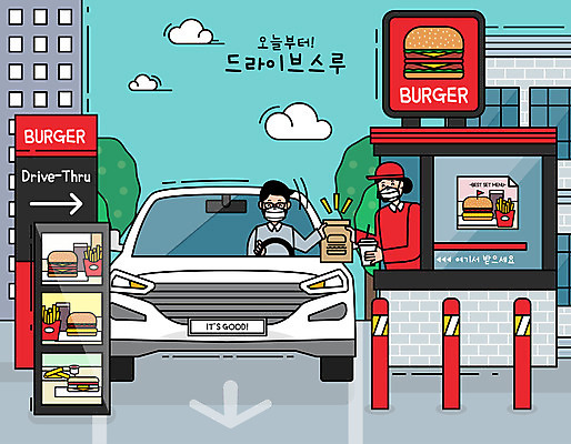 여자 남자 일러스트 자동차 마스크 들기 사람 빌딩 성인 두명 건물 햄버거 바이러스 구매 사회이슈 주기 햄버거가게 성인만 코로나바이러스 드라이브스루 사회적거리두기 델타변이바이러스 국내일러스트 AI파일 건축물 육상교통 캠페인 컨셉 모션 패스트푸드 쇼핑 식당 파일형식 벡터