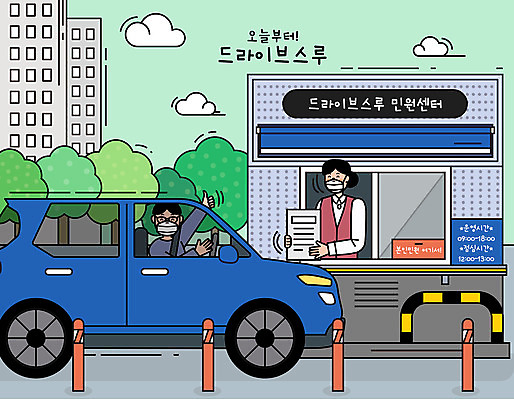 여자 남자 일러스트 자동차 마스크 들기 사람 빌딩 성인 두명 건물 최고 바이러스 사회이슈 직원 문서 민원상담실 성인만 코로나바이러스 드라이브스루 사회적거리두기 델타변이바이러스 국내일러스트 AI파일 건축물 육상교통 캠페인 컨셉 모션 파일형식 벡터