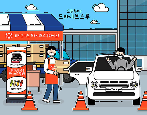 여자 남자 일러스트 자동차 돼지고기 마스크 들기 사람 빌딩 성인 두명 건물 상자 세일 소시지 바이러스 구매 사회이슈 축산물 성인만 코로나바이러스 드라이브스루 사회적거리두기 델타변이바이러스 국내일러스트 AI파일 건축물 육상교통 캠페인 컨셉 모션 육류 쇼핑 가공식품 축산업 파일형식 벡터