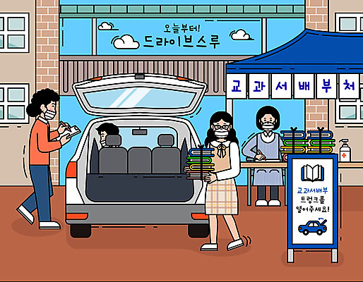 여자 남자 일러스트 학교 자동차 마스크 들기 사람 성인 세명 교사 바이러스 사회이슈 교과서 획득 성인만 코로나바이러스 드라이브스루 사회적거리두기 델타변이바이러스 국내일러스트 AI파일 직업 교육 육상교통 캠페인 컨셉 모션 교재 파일형식 벡터