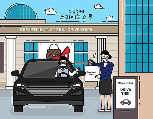 여자 남자 일러스트 자동차 마스크 들기 사람 성인 두명 건물 쇼핑백 바이러스 구매 사회이슈 고객 백화점 획득 성인만 코로나바이러스 드라이브스루 사회적거리두기 델타변이바이러스 국내일러스트 AI파일 건축물 육상교통 캠페인 컨셉 가방 모션 쇼핑 상점 파일형식 벡터