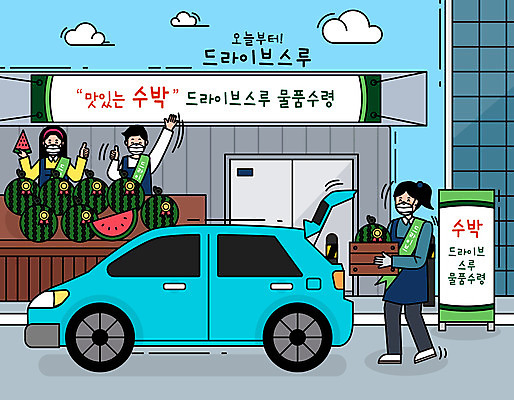 여자 남자 일러스트 자동차 수박 마스크 들기 사람 성인 건물 세명 최고 바이러스 구매 사회이슈 직원 획득 자동차트렁크 성인만 코로나바이러스 드라이브스루 사회적거리두기 델타변이바이러스 국내일러스트 AI파일 건축물 육상교통 캠페인 컨셉 과일 모션 쇼핑 파일형식 벡터