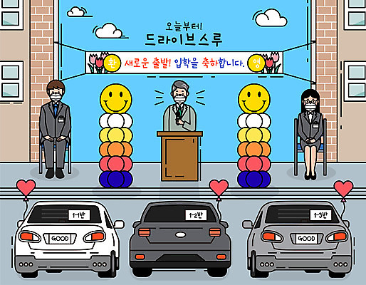 배너템플릿 여자 남자 일러스트 학교 자동차 마스크 사람 성인 건물 세명 교사 현수막 바이러스 사회이슈 풍선 환영 입학식 단상 성인만 코로나바이러스 드라이브스루 사회적거리두기 델타변이바이러스 국내일러스트 AI파일 템플릿 직업 건축물 배너 교육 육상교통 캠페인 컨셉 파일형식 벡터