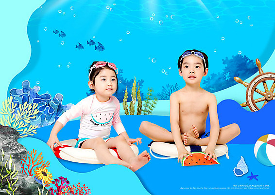 PSD 편집이미지 여자 남자 수영복 어린이 바다 사람 소녀 소년 두명 여름 파란색 바닷속 해저 한국인 해초 물안경 튜브 어린이만 이미지편집 옷 계절 컬러 동양인 수중 해조류 수영용품 파일형식