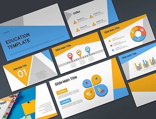 템플릿 교육 비즈니스 그래프 사람없음 파란색 세트 필기구 연필 노란색 메모지 PPT 프레젠테이션 문서템플릿 레이아웃 9P 이미지템플릿 컬러 문구용품 학용품 사무용품 파일형식