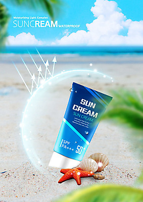 PSD 편집이미지 모래 조개 불가사리 해변 사람없음 여름 파란색 보호 선크림 야자수잎 이미지편집 계절 바다 컬러 컨셉 잎 어패류 극피동물 화장품 파일형식