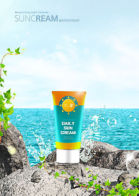 PSD 편집이미지 파도 바다 사람없음 여름 바위 보호 덩굴 선크림 청록색 이미지편집 식물 계절 컬러 컨셉 화장품 돌_바위 파일형식