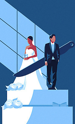 부부 드레스 여자 남자 웨딩드레스 결혼 일러스트 사람 정장 성인 두명 파란색 칼 자르기 웨딩케이크 이혼 얼굴없음 성인만 국내일러스트 AI파일 커플 옷 컬러 모션 이벤트 케이크 파일형식 벡터