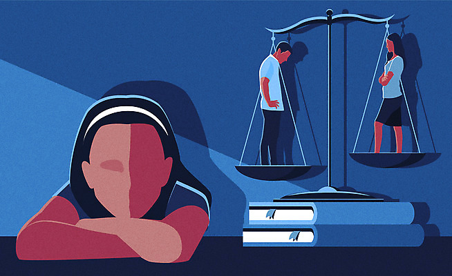 부부 응시 여자 남자 딸 어린이 일러스트 엄마 저울 사람 성인 책 세명 파란색 부모 자녀 아빠 선택 재판 법전 이혼 얼굴없음 국내일러스트 AI파일 커플 시선 컬러 컨셉 가족 법 파일형식 벡터