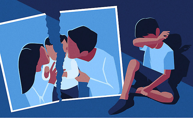 남자 어린이 일러스트 한명 사람 소년 성인 파란색 울음 가족사진 찢어짐 이혼 얼굴없음 소년한명만 국내일러스트 AI파일 1 컬러 가족 모션 표정 남자한명만 소년만 파일형식 벡터 단체사진