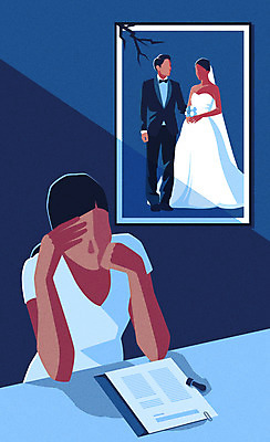 부부 여자 일러스트 한명 사람 성인 파란색 아내 고민 이혼 얼굴없음 여자한명만 웨딩촬영 이혼서류 국내일러스트 AI파일 1 커플 감정 컬러 기념사진 여자만 파일형식 벡터
