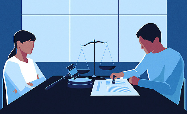 부부 여자 남자 일러스트 저울 사람 성인 두명 파란색 도장 팔짱 의사봉 이혼 얼굴없음 성인만 이혼서류 국내일러스트 AI파일 커플 컬러 모션 파일형식 벡터