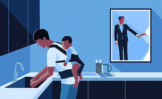 남자 아들 가사 일러스트 사람 성인 두명 파란색 아기 아빠 설거지 업기 이혼 얼굴없음 남자만 웨딩촬영 아기띠 국내일러스트 AI파일 컬러 가족 모션 아기용품 기념사진 파일형식 벡터