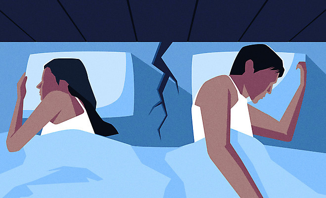 부부 여자 남자 일러스트 사람 성인 두명 파란색 눕기 등돌리기 침대 잠 균열 이혼 얼굴없음 성인만 국내일러스트 AI파일 커플 컬러 가구 모션 파일형식 벡터