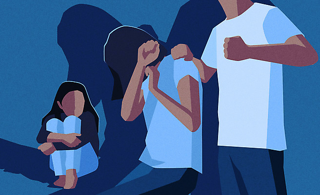 부부 응시 여자 남자 딸 어린이 일러스트 엄마 사람 성인 세명 파란색 주먹 자녀 폭력 아빠 웅크림 가정폭력 때리기 이혼 얼굴없음 국내일러스트 AI파일 커플 시선 컬러 가족 모션 사회이슈 파일형식 벡터