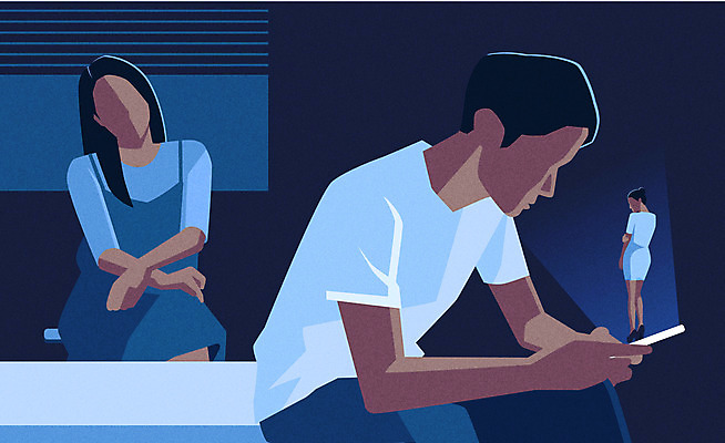 부부 응시 여자 남자 일러스트 들기 사람 성인 세명 파란색 스마트폰 불륜 이혼 얼굴없음 국내일러스트 AI파일 커플 시선 컬러 모션 핸드폰 스마트기기 파일형식 벡터