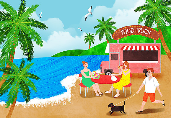 PSD 여자 남자 바다 섬 일러스트 탁자 갈매기 하늘 들기 사람 성인 해변 세명 여름 여름휴가 바캉스 야자수 여름풍경 산책 강아지 먹기 반려 푸드트럭 국내일러스트 나무 계절 가구 모션 조류 휴가 휴식 풍경 반려동물 트럭 개 파일형식 여름_계절