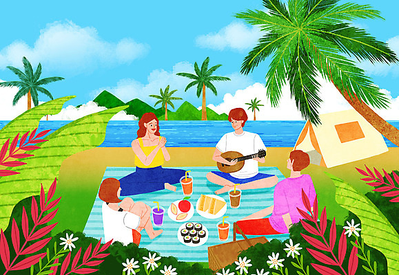 PSD 여자 남자 꽃 음료 바다 섬 연주 과일 일러스트 하늘 나뭇잎 샌드위치 텐트 사람 여러명 성인 해변 여름 여름휴가 바캉스 야자수 여름풍경 돗자리 김밥 국내일러스트 나무 식물 계절 음악 음식 다수 잎 휴가 캠핑도구 풍경 파일형식 여름_계절