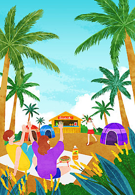 PSD 여자 남자 꽃 일러스트 하늘 나뭇잎 샌드위치 텐트 사람 성인 세명 여름 여름휴가 바캉스 야자수 상점 여름풍경 인사 돗자리 손흔들기 국내일러스트 나무 식물 계절 음식 잎 모션 휴가 캠핑도구 풍경 예절 파일형식 여름_계절