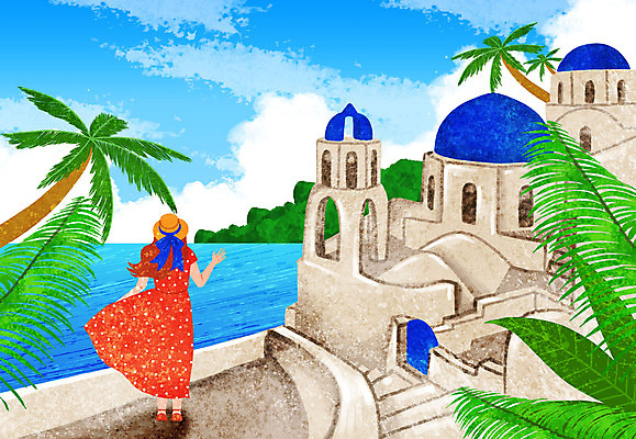 PSD 여자 바다 일러스트 하늘 나뭇잎 한명 서기 사람 성인 건물 여름 여름휴가 바캉스 야자수 여름풍경 산토리니 여자한명만 국내일러스트 나무 1 건축물 계절 잎 모션 휴가 풍경 그리스 여자만 파일형식 여름_계절