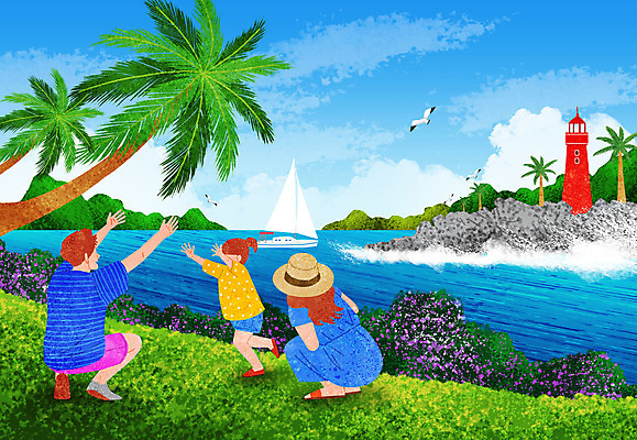 PSD 모자 여자 남자 딸 어린이 바다 요트 일러스트 가족 갈매기 하늘 엄마 등대 사람 앉기 소녀 성인 세명 여름 여름휴가 바캉스 야자수 손들기 여름풍경 아빠 방파제 국내일러스트 나무 잡화 계절 공공시설 배_교통 관계 모션 조류 휴가 풍경 파일형식 여름_계절