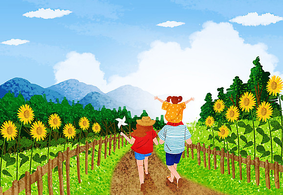 PSD 여자 남자 딸 길 어린이 일러스트 가족 하늘 엄마 해바라기 산 들기 사람 소녀 성인 세명 여름 여름휴가 바캉스 손들기 걷기 여름풍경 목말 아빠 숲 바람개비 즐거움 국내일러스트 계절 꽃 감정 관계 모션 휴가 풍경 파일형식 여름_계절