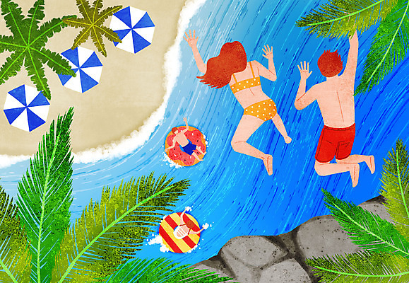 PSD 여자 남자 수영복 바다 일러스트 사람 여러명 성인 해변 여름 여름휴가 바캉스 야자수 손들기 점프 수영 여름풍경 돌_바위 파라솔 즐거움 다이빙 튜브 야자수잎 국내일러스트 나무 옷 계절 감정 다수 잎 모션 휴가 풍경 수상스포츠 수중스포츠 파일형식 여름_계절