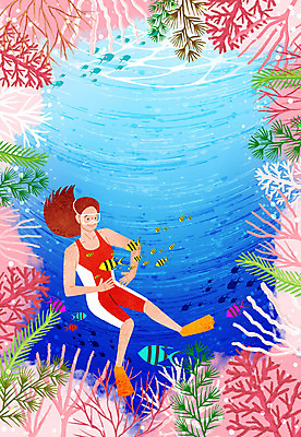 PSD 여자 바다 일러스트 한명 사람 성인 여름 여름휴가 바캉스 수중 여름풍경 스노클링 산호 산호초 물안경 오리발 잠수 여자한명만 물고기떼 국내일러스트 1 계절 휴가 어류 풍경 수상스포츠 수중식물 자포동물 수영용품 여자만 파일형식 여름_계절