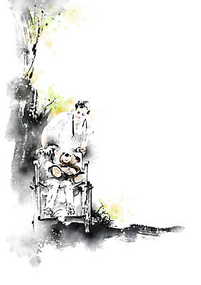 PSD 나무 여자 어린이 일러스트 캘리그라피 붓터치 선물 사람 소녀 성인 두명 장난감 곰인형 환자 의사 숲 간호 휠체어 번짐 요양 보호자 돌봄 국내일러스트 식물 인형 의학 모션 의료진 파일형식 효과