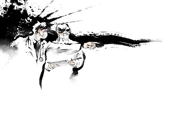 PSD 남자 안경 일러스트 캘리그라피 청진기 붓터치 흑백 마스크 들기 사람 손짓 성인 두명 진료 터치 의사 응급 기록 가운 지시 동양화 문서 번짐 명령 서류판 응급실 성인남자만 국내일러스트 잡화 옷 의학 의료기기 모션 촬영기법 병원 미술 사무용품 의료진 긴급 남자만 성인만 파일형식 효과