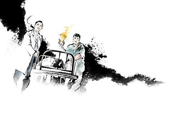 PSD 여자 남자 일러스트 캘리그라피 붓터치 들기 사람 성인 세명 진료 환자 간호사 의사 침대 응급 가운 번짐 병원침대 응급실 응급환자 성인만 국내일러스트 옷 가구 의학 모션 병원 의료진 긴급 파일형식 효과