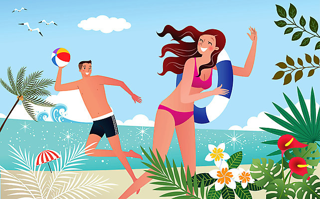 나무 식물 구름 여자 남자 수영복 꽃 바다 일러스트 갈매기 웃음 들기 사람 성인 해변 두명 여름 여름휴가 바캉스 야자수 파라솔 비치볼 튜브 성인만 국내일러스트 AI파일 자연요소 옷 계절 공 모션 조류 휴가 바캉스용품 표정 파일형식 벡터 여름_계절