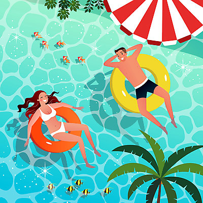 나무 커플 여자 남자 수영복 바다 일러스트 물놀이 나뭇잎 웃음 사람 성인 두명 여름 여름휴가 바캉스 야자수 파라솔 열대어 튜브 성인만 물고기떼 국내일러스트 AI파일 식물 옷 계절 잎 관계 놀이 휴가 표정 어류 파일형식 벡터 여름_계절