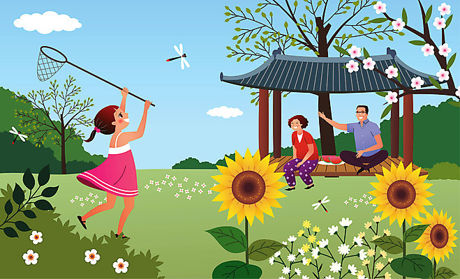 나무 구름 여자 할아버지 노년 남자 꽃 할머니 어린이 일러스트 방학 해바라기 손녀 여름음식 수박 여름방학 들기 사람 세명 여름 여름휴가 바캉스 잠자리 시골집 정자 제철과일 국내일러스트 AI파일 자연요소 식물 건축물 계절 음식 곤충 과일 모션 휴가 주택 성인 손주 제철 파일형식 벡터 여름_계절